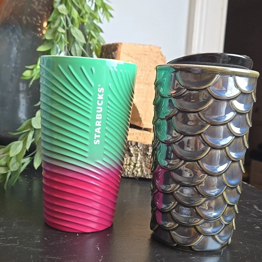 Starbucks Tumblers: Lot Of 2-Ceramic Gun Metal Siren Scale & Petunia Green